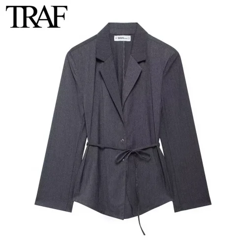 TRAF Suit Coat for Women Fashion Autumn Winter New Belt Striped Chic Female Long Sleeve Single Breasted Casual Blazers Jacket 1