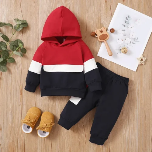 PatPat 2pcs Baby Color Block Long-sleeve Hoodie and Trousers Set Soft and Comfortable Perfect for Outings and Daily Wear 1