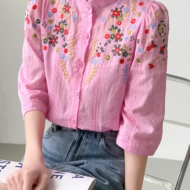 SMTHMA Summer New Vintage Embroidered Flower Jacquard Shirt For Women Romantic Gentle Style Versatile Stand Collar Shirt 3