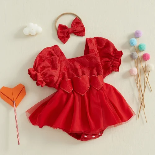 ma&baby 0-18M Valentine's Day Newborn Infant Baby Girl Romper Puff Sleeve Summer Heart Pattern Jumpsuit Bow Headband Outfit d12 1