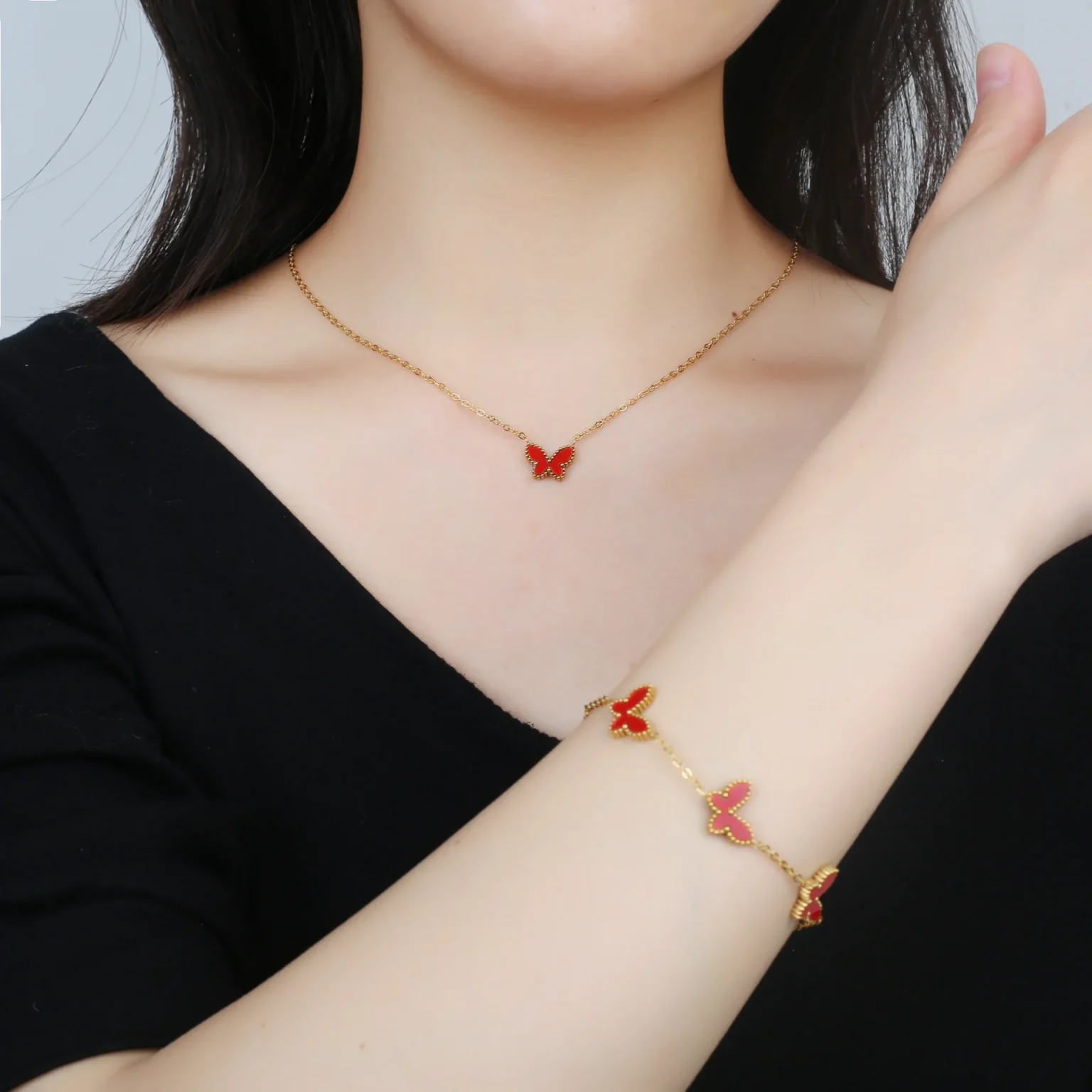 High Quality Metal Stainless Steel Laser Butterfly Jewelry Set Bracelet Necklace Earrings Luxury for Women Party Jewelry Clover 6