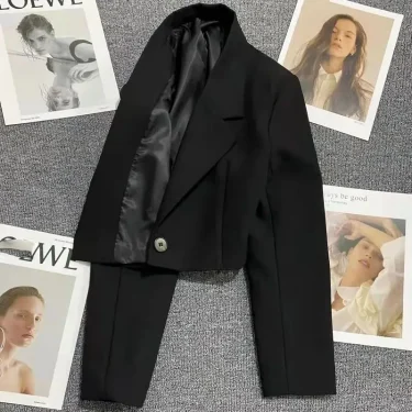 Women's Cropped Blazers Jackets New 2024 Korean Fashion Button Up Long Sleeve Suit Coat Woman Casual All Match Short Blazer Lady 4