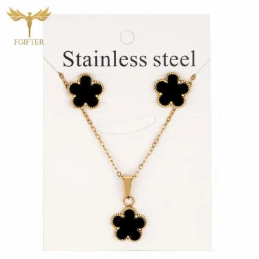 Fashion Black Flower Jewelry Set Golden Stainless Steel Stud Earrings Pendant Necklace Chain Woman Brand Jewelry Accessories 2