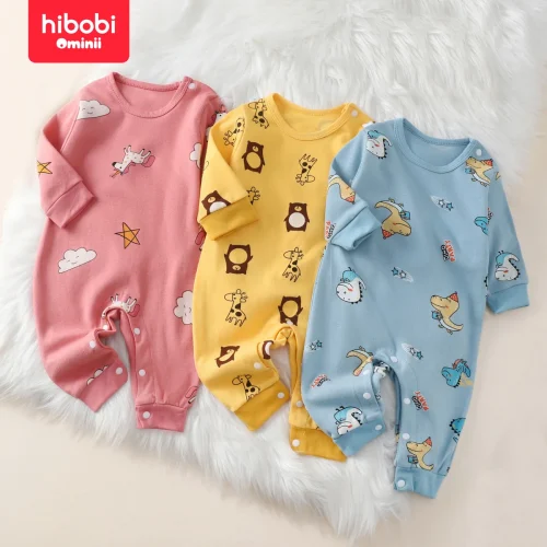 hibobi 100% Cotton Newborn Jumpsuit Comfortable Cute Animal Patterns Round Neck Baby Crawling Suit 0-18m Toddler Onesie 1