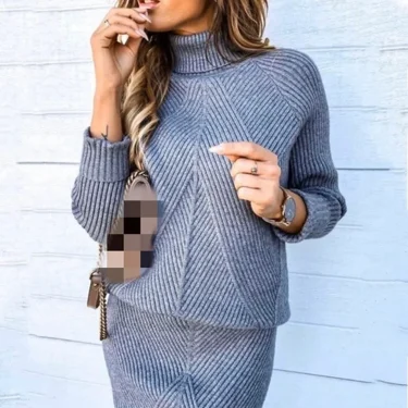 TYHUR Autumn Women's Knitting Costume Turtleneck Solid Color Pullover Sweater + Slim Skirt Two-Piece Set 2