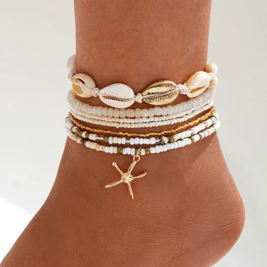 7pc/set Bohemian Rice Beads Starfish Pendant Anklet Set Fashion Summer Beach Sea Shell Multilayer Ankle Bracelet On Foot Jewelry 1