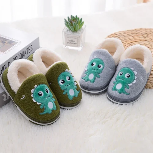 Toddler Boys Slippers for Winter Warm Baby Garden Shoes Casual Home Gear Anti-slip Sole Loafers Cartoon Dinosaurs Kids Footwear 1