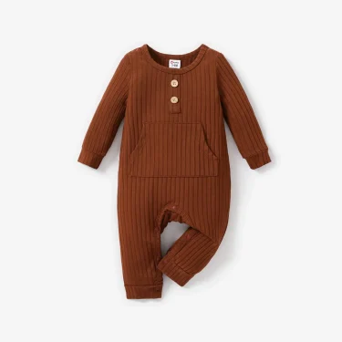 PatPat Baby Boy/Girl Solid Ribbed Long-sleeve Jumpsuit with Pocket Soft and Comfortable Perfect for Outings Basic Style 1