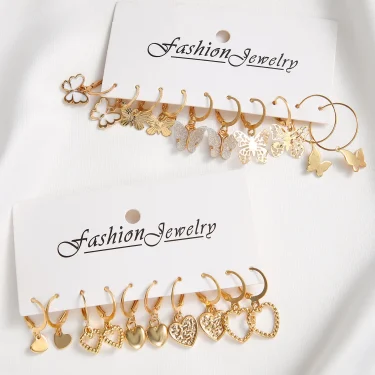 Gold Color Butterfly Love Hoop Earrings Set New Creative Simple Heart Hollow Dangle Earring for Women Fashion Trendy Jewelry 3