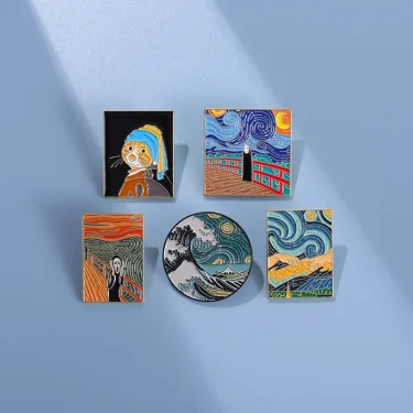 Fun Van Gogh Oil Painting Enamel Pins Custom Starry Night Scream No-face Man Wave Brooch Lapel Badge Art Jewelry 3