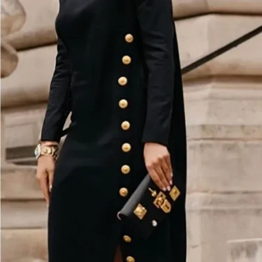 Yeezzi Women's Fashion Buttoned Split-Side High Neck Black Dress 2025 New Long Sleeves Loose Urban Office Commute Maxi Dresses 2