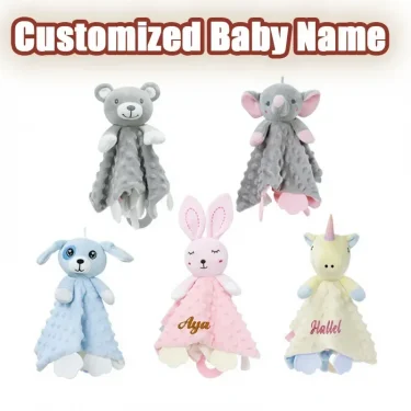 Personalized Baby Security Blanket Teether Plush Stuffed Toy Custom Blanket Comforter Bunny Elephant Soothe Appease Baby Gift 1