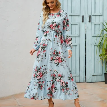 Women Floral Printed Maxi Dresses Spring Summer Casual O Neck Full Sleeve High Waist A Line Boho Beach Party Long Dress Vestidos 5