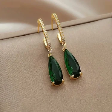 Huitan Pear Green Earrings for Women Temperament Gold Color Ear Hanging Earrings Office Lady's Luxury Trendy Jewelry 1