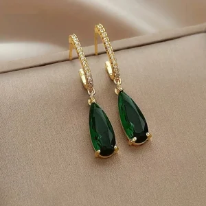 Huitan Pear Green Earrings for Women Temperament Gold Color Ear Hanging Earrings Office Lady's Luxury Trendy Jewelry 1