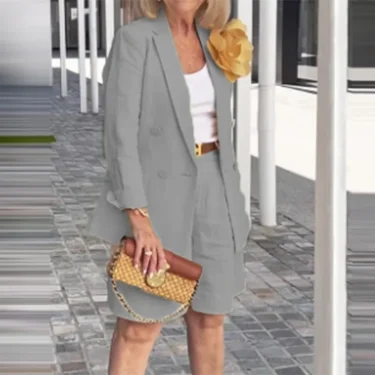 Summer New Solid Color Long Sleeve Shorts For Women's Suit Set Stylish Cardigan Female Office Suit 2 Piece Set 4