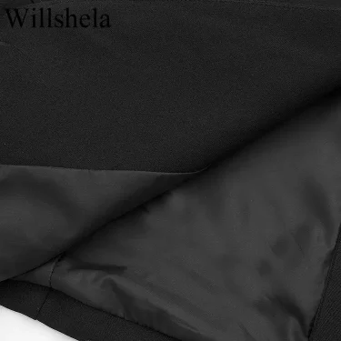 Willshela Women Fashion Satin Black With Feather Blazer Jacket Vintage Notched Neck Single Button Long Sleeves Female Outfits 6