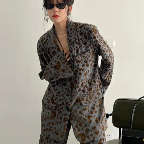 EAM Two Piece Suit Wide Leg Pants Leopard Print Big Size New Lapel Long Sleeve Women Fashion Tide Spring Autumn 2024 1DF1166 1