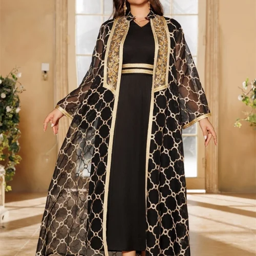 Siskakia Ramadan Dubai Mesh Embroidery Abaya With Sashes V-Neck Stylish Muslim Elegant Women Evening Dress 1