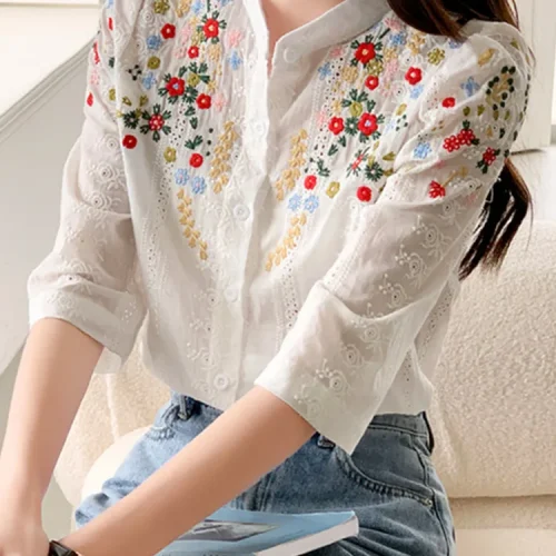 SMTHMA Summer New Vintage Embroidered Flower Jacquard Shirt For Women Romantic Gentle Style Versatile Stand Collar Shirt 1