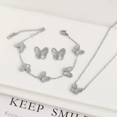 High Quality Metal Stainless Steel Laser Butterfly Jewelry Set Bracelet Necklace Earrings Luxury for Women Party Jewelry Clover 2