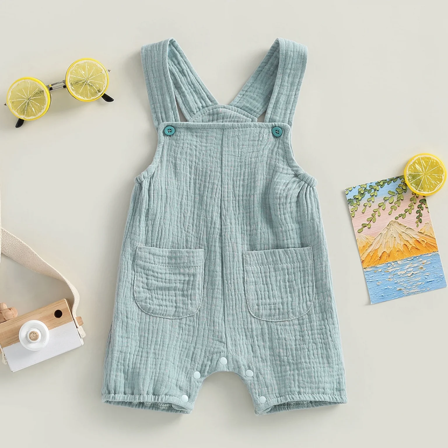 pudcoco Baby Summer Suspenders Jumpsuit Solid Color Sleeveless Romper with Pockets for Newborn Infant Boy Girls 2