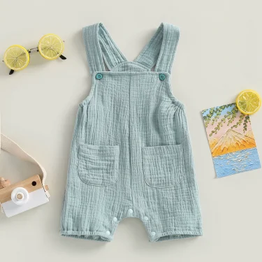 pudcoco Baby Summer Suspenders Jumpsuit Solid Color Sleeveless Romper with Pockets for Newborn Infant Boy Girls 2