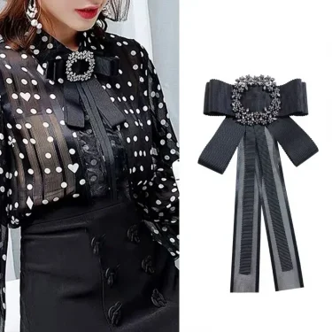 Korean Fashion Bow Tie Brooches Pins Handmade Black Fabric Crystal Bows Necktie Female Shirt Collar School Uniform Accessories 1