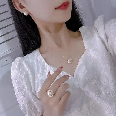 New Inlaid zircon Pearl Necklace Ring Earrings Three-piece Set for Women Stylish Daily Accessories Party Jewelry Birthday Gifts 5
