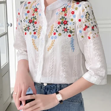 SMTHMA Summer New Vintage Embroidered Flower Jacquard Shirt For Women Romantic Gentle Style Versatile Stand Collar Shirt 2