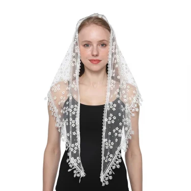 Fashion Church Shawl Lace Veil Polyester Scarf Bandana Church Prayer Wedding Mantilla Chapel White Embroidered Hijab Women Scarf 3