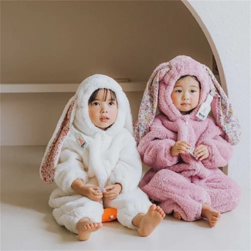 Spring Baby Girls Boys Rabbit Romper Newborn One-piece Jumpsuit Hooded Pajamas Boys Plush Homewear Outfits Baby Costume 1