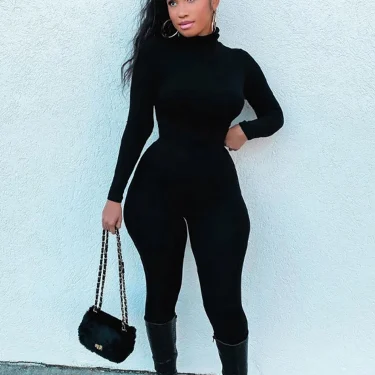Hugcitar 2024 Fall Long Sleeve Solid Turtleneck Sexy Skinny Bodycon Jumpsuit Women Fashion Streetwear Casual Romper Overalls 1