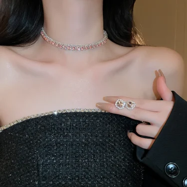 FYUAN Luxury Crystal Necklace Earrings Set Pink ABcolourful Necklace for Women Weddings Party Jewelry Sets Accessories 4