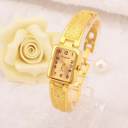 Gold/Silver Women Vintage Luxury Watches Elegant Quartz Fashion Rectangle Dial Watch Carved Pattern Bracelet Casual WristWatches 1