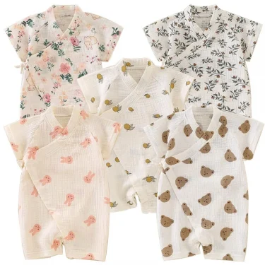 Newborn Baby Thin Gauze Jumpsuit Breathable Soft Children Short Sleeve Crawling Suit Cute Boys Girls Infant Bodysuit Kid Rompers 4