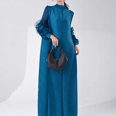 LANMREM Long Pleated Dress With Ruffles Sleeves Loose Solid Color Stitching Female Party Clothing Summer New Clothes 2DA5900 2