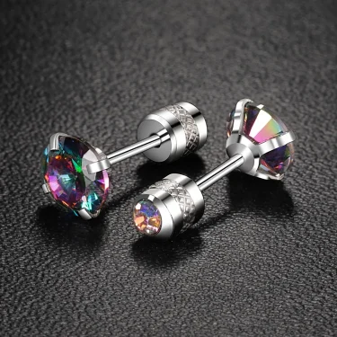 6mm CZ Screw Flat Back Earrings for Women Girls Hypoallergenic for Sensitive Ears New Design Rainbow Cubic Zirconia Stud Earring 6