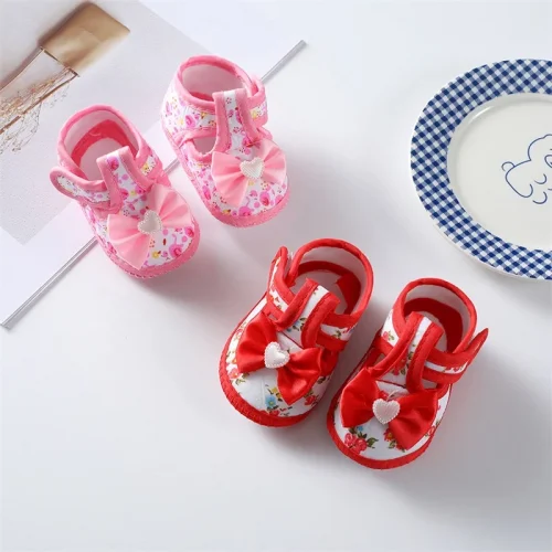 0-18months Baby Girls Flat Shoes Soft Sole Bowknot Flower Print Non-Slip Shoes For Infant Girls Indoor Outdoor First Walkers 1