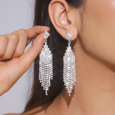 FYUAN Fashion Long Tassel Crystal Drop Earrings for Women Silver Color Rhinestone Dangle Earring Wedding Party Jewelry 3