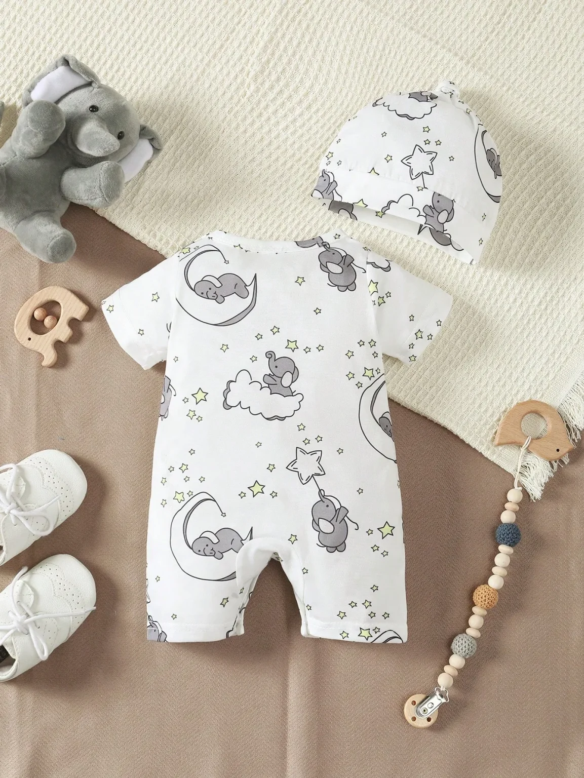 Newborn Baby Boys' Casual Cute Cartoon Elephant Pattern Round Neck Short Sleeve Romper With Shoulder Snaps, Shorts And Hat 2