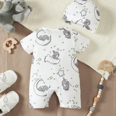 Newborn Baby Boys' Casual Cute Cartoon Elephant Pattern Round Neck Short Sleeve Romper With Shoulder Snaps, Shorts And Hat 2