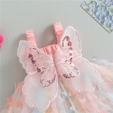 Toddler Baby Girls Dress 3D Butterfly Ruched Sleeveless Layered Cami Dress Summer Casual Clothes Princess Dress 4