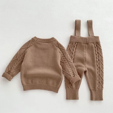 Autumn Spring Korean Style Newborn Baby Girls Boys Solid Color Knitting Clothing Set Sweater Overall Children Clothes Suit 6