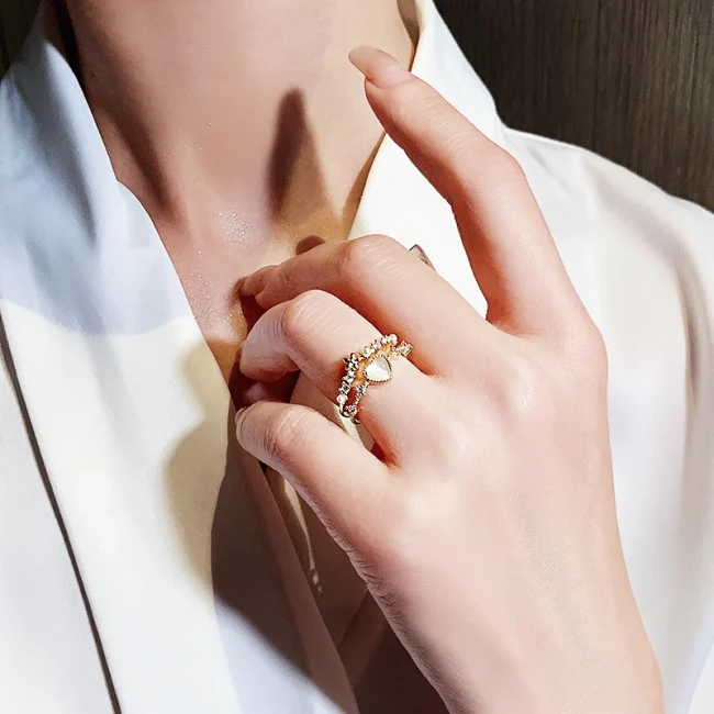 Korea's new fashion jewelry 14K gold plated simple double love crystal ring elegant women's daily opening ring accessories 2