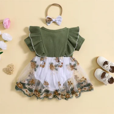 Infant Newborn Baby Girl Romper Dress Flower Embroidery Knit Rib Ruffles Crew Neck Jumpsuit Summer Bodysuit Bow Headband 2