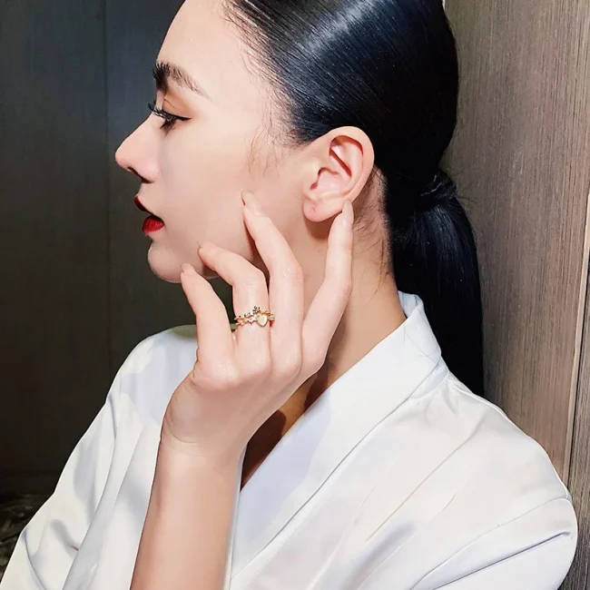 Korea's new fashion jewelry 14K gold plated simple double love crystal ring elegant women's daily opening ring accessories 4