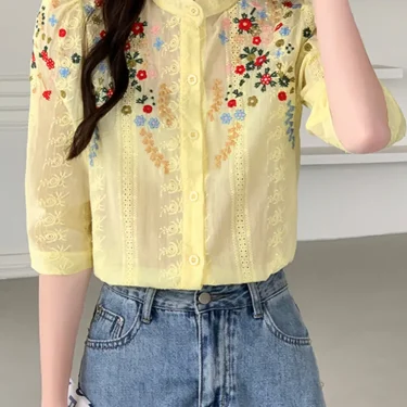 SMTHMA Summer New Vintage Embroidered Flower Jacquard Shirt For Women Romantic Gentle Style Versatile Stand Collar Shirt 6