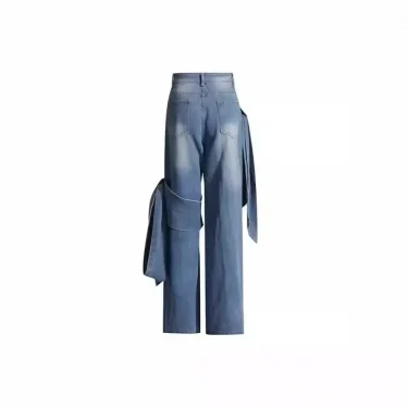 Europe and The United States New Spring Jeans Washed Make Old Patchwork Bow Wide Leg Pants Design Sense Long Jeans for Women 3