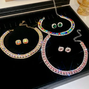 FYUAN Luxury Crystal Necklace Earrings Set Pink ABcolourful Necklace for Women Weddings Party Jewelry Sets Accessories 5